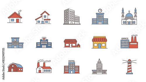 Set of Modern and Traditional Buildings Icons