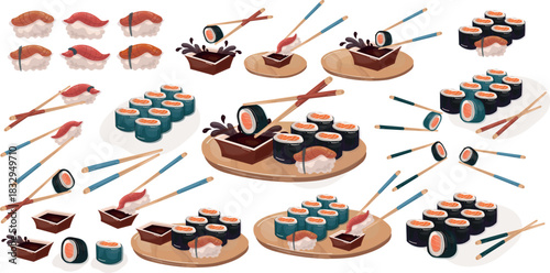 suchi set with soy sauce on the wooden plate asian cuisine