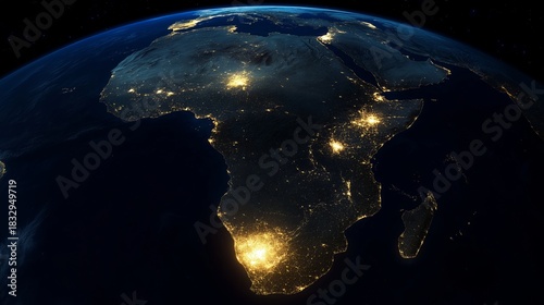 Vibrant night view of Africa showcasing urban areas and landscapes from space