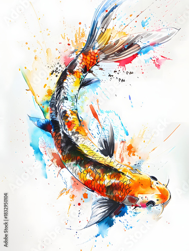 Watercolor Koi Tattoo with Abstract Ink Strokes