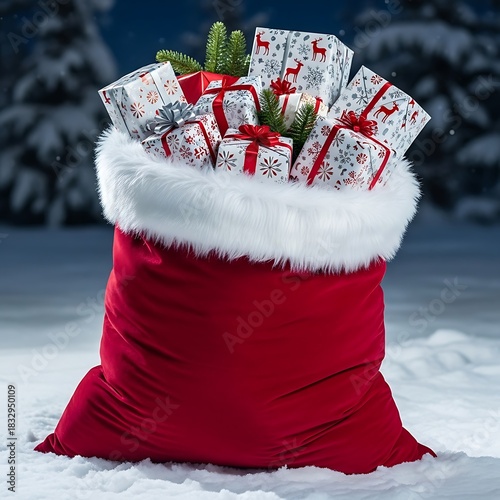Santa's red bag full of christmas gifts in the snow