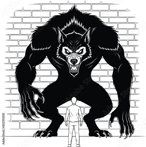 A Human Confronts a Large, Scary Werewolf Silhouette Against a Brick Wall