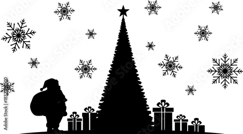 Black silhouette of Santa Claus with sack and gifts under hanging stars santa claus silhouette christmas gifts
