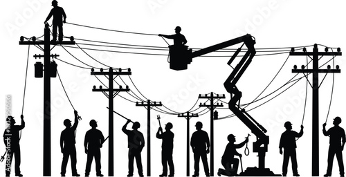Utility, worker, power, line, silhouette, pole, cable, bucket, lift, tool, gear, vector, black, pose, infrastructure, maintenance, installation, teamwork, setup, flavector