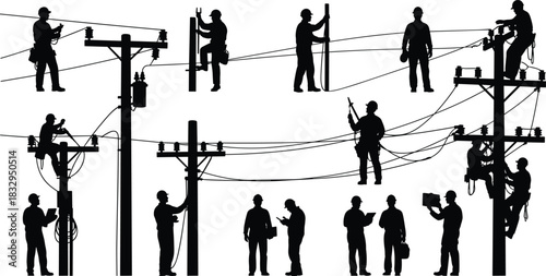 Utility, pole, electrical, line, worker, silhouette, climb, wire, tool, gear, vector, black, pose, infrastructure, maintenance, inspection, installation, teamwork, 