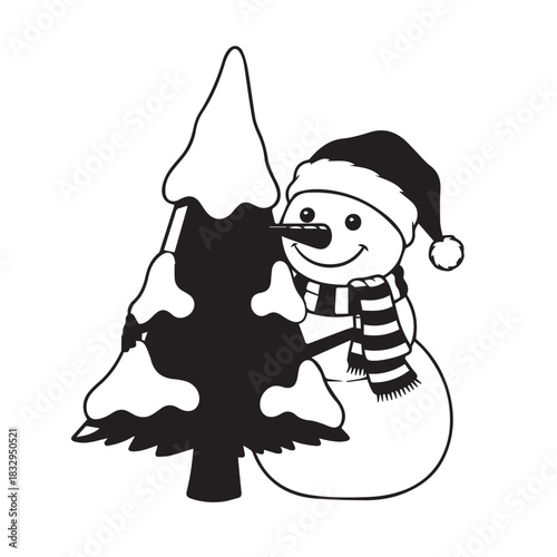 Playful snowman decorates a snowy pine tree in a cheerful winter scene.