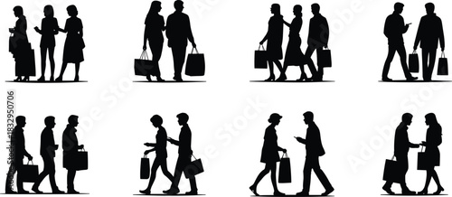 Shopping, pair, silhouette, bag, posture, gesture, interaction, consumer, retail, vector, black, pose, setup, commerce, behavior, walking, talking, exchange, social, flavector