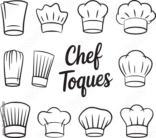 Collection of chef hats and text Chef Toques cooking