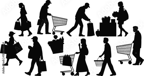 Shopping, market, silhouette, cart, bag, posture, basket, product, retail, vector, black, pose, setup, grocery, consumer, behavior, stall, purchase, activity, flavector