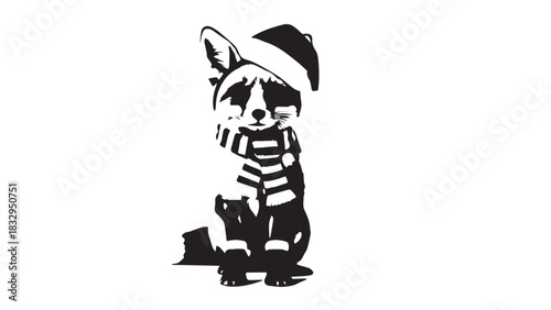 Whimsical illustrated dog wearing hat and striped scarf in monochrome style.