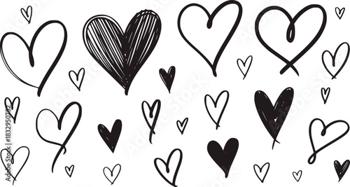 Collection of hand drawn black and white hearts love