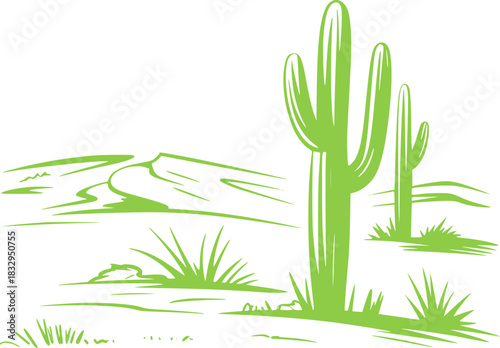 Green desert landscape with saguaro cacti and rolling hills