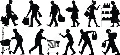 Shopping, consumer, silhouette, cart, basket, posture, shelf, product, retail, vector, black, pose, setup, grocery, behavior, movement, store, purchase, activity, 