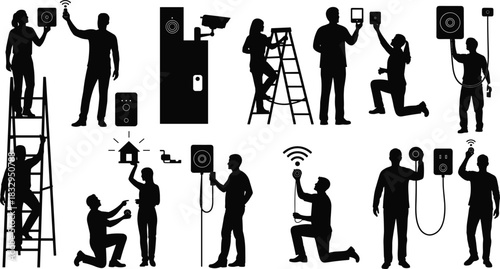 Smart, home, security, system, installation, silhouette, technician, device, camera, sensor, tablet, ladder, vector, black, pose, automation, connectivity, setup, surveillance, flavector