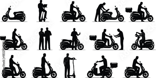 Scooter, silhouette, electric, rider, interaction, repair, inspection, mobile, device, pose, vector, black, urban, delivery, maintenance, setup, standing, seated, technology, flavector