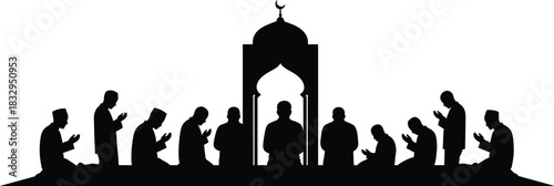 Prayer, mosque, silhouette, worship, Islamic, devotion, crescent, dome, posture, unity, vector, black, pose, spiritual, community, faith, kneeling, supplication, setup, flavector
