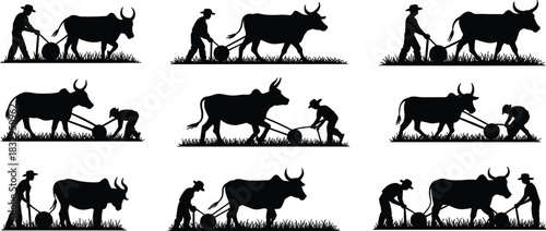 Ox, plow, farming, silhouette, posture, field, rural, agriculture, labor, tradition, vector, black, pose, setup, farmer, tool, soil, cultivation, livestock, flavector