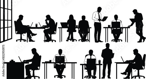 Office, work, silhouette, desk, laptop, chair, document, interaction, posture, typing, reading, vector, black, pose, workplace, collaboration, setup, supplies, modern, flavector