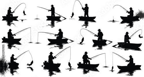 Fishing, boat, silhouette, rod, water, ripple, posture, catch, hat, vector, black, pose, outdoor, lake, activity, reflection, setup, leisure, sport, flavector