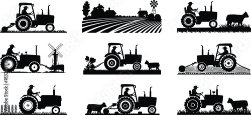 Farming, tractor, silhouette, livestock, posture, field, rural, agriculture, harvest, landscape, vector, black, pose, setup, machinery, barn, windmill, countryside, crop, flavector