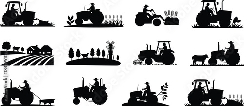 Farming, landscape, silhouette, tractor, plow, posture, harvest, livestock, rural, field, vector, black, pose, setup, agriculture, countryside, machinery, barn, windmill, flavector