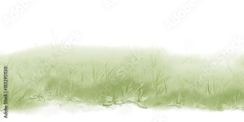 A forest glade or lawn with grass and bushes. Watercolor illustration. Lush greenery on seamless border, isolated on white background. Themes for spring, Easter, children's decor, and summer holidays.