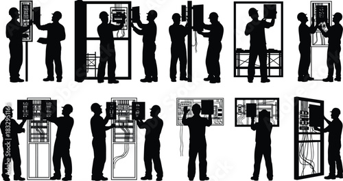 Electrician, panel, silhouette, wiring, inspection, maintenance, installation, tool, hard, hat, vector, black, pose, safety, setup, infrastructure, system, technician, flavector