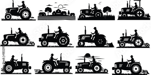 Farmer, tractor, silhouette, rural, landscape, field, plow, tiller, mower, sun, tree, house, vector, black, pose, agriculture, equipment, countryside, setup, flavector