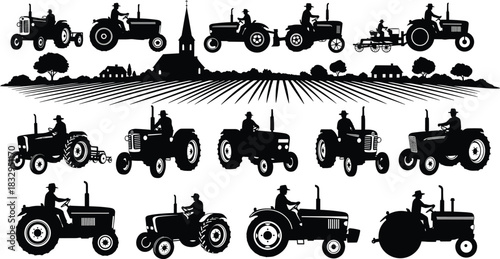 Farmer, tractor, silhouette, rural, field, landscape, equipment, cultivation, hat, vehicle, vector, black, pose, setup, agriculture, machinery, harvest, countryside, barn, flavector
