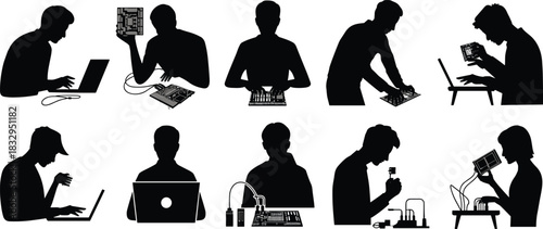 Electronics, computing, silhouette, engineer, posture, circuit, laptop, hardware, device, vector, black, pose, setup, technology, testing, assembly, repair, workstation, diagnostic, flavector