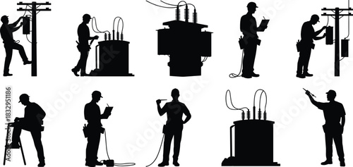 Electrical, worker, silhouette, transformer, utility, posture, pole, inspection, repair, tool, vector, black, pose, setup, technician, infrastructure, maintenance, safety, equipment, flavector