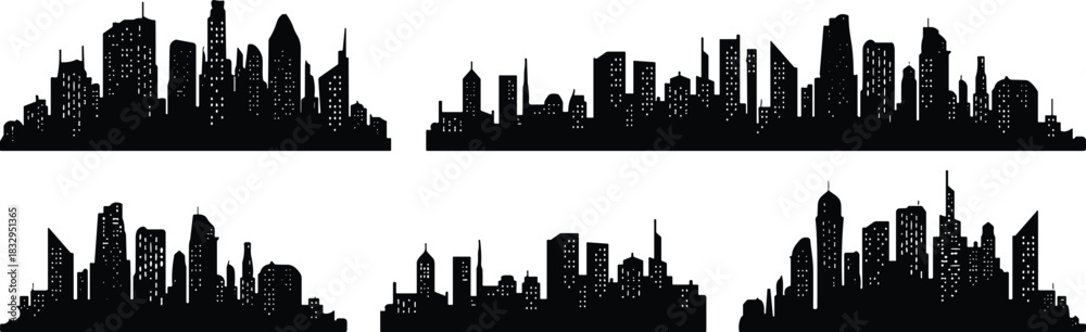 Naklejka premium City, skyline, silhouette, building, skyscraper, urban, architecture, window, structure, vector, black, pose, setup, design, landscape, highrise, downtown, 