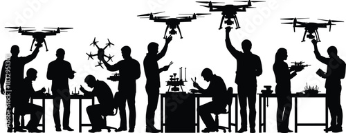 Drone Technology Development and Engineering Workshop Vector Silhouette, Group of Technicians Assembling and Flying Professional Quadcopters, 