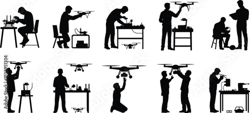 Drone, assembly, silhouette, engineering, posture, repair, workstation, tool, component, vector, black, pose, setup, maintenance, testing, programming, inspection, technology, equipment, flavector