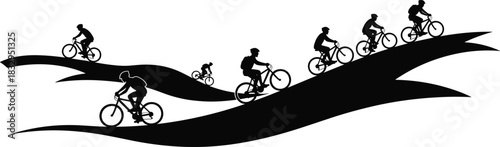 Cycling, silhouette, hill, terrain, bike, rider, outdoor, ascent, descent, motion, vector, black, pose, activity, sport, nature, group, movement, curve, flavector