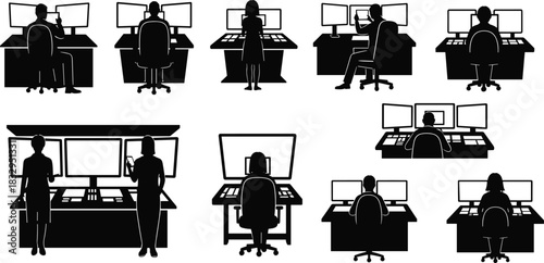 Control, room, workstation, silhouette, monitor, screen, operator, seated, standing, posture, vector, black, pose, technology, observation, multitasking, setup, interaction, equipment, flavector