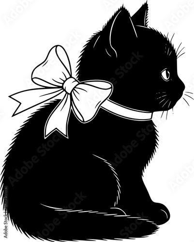 
christmas kitten with bow silhouette on white background
