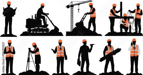 Construction, worker, silhouette, hardhat, blueprint, machinery, tripod, tool, cable, radio, vector, black, pose, site, setup, safety, teamwork, inspection, operation, flavector