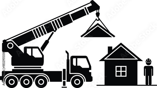 Construction Site Icon of Mobile Crane Truck Lifting Roof Onto Prefabricated House Vector Silhouette, Home Building and Real Estate Development Concept 