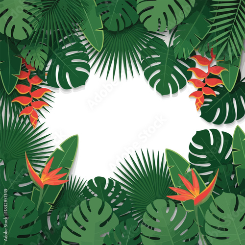 A vibrant frame of tropical leaves and exotic flowers in a paper-cut art style with a blank central copy space.