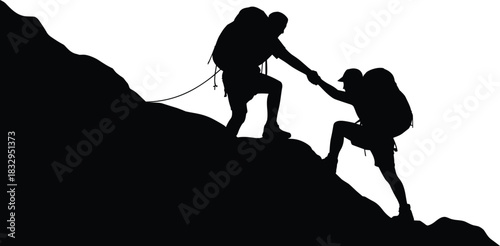 Climbing, teamwork, silhouette, mountain, rope, posture, backpack, slope, support, vector, black, pose, setup, hiking, adventure, outdoor, perseverance, ascent, challenge, flavector
