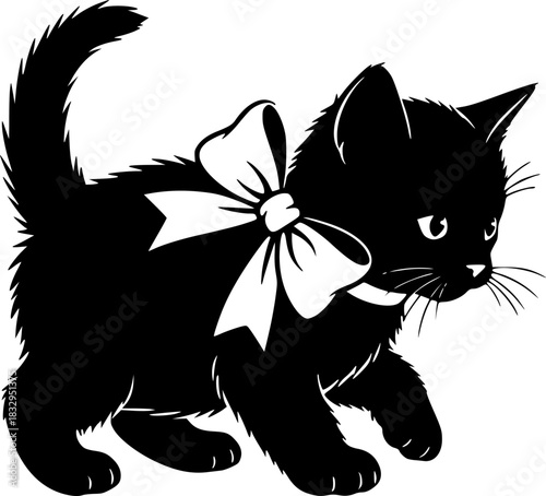 christmas kitten with bow silhouette on white background
