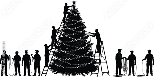 Christmas, tree, decorating, silhouette, ladder, light, string, star, festive, teamwork, vector, black, pose, holiday, setup, celebration, ornament, preparation, seasonal, flavector