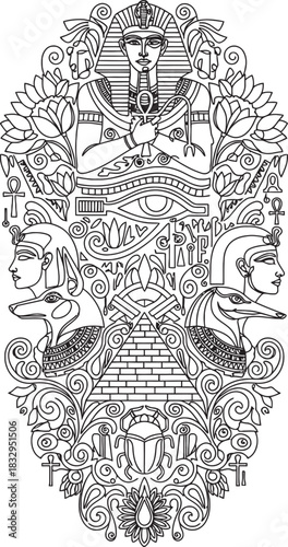 Ornate Ancient Egyptian Gods and Symbols Vector Illustration – Coloring Page