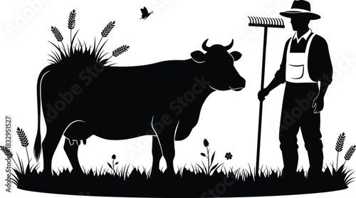 Black silhouette vector of farmer holding rake standing with dairy cow in field with wheat and butterfly isolated on white background for agriculture and farming logo.