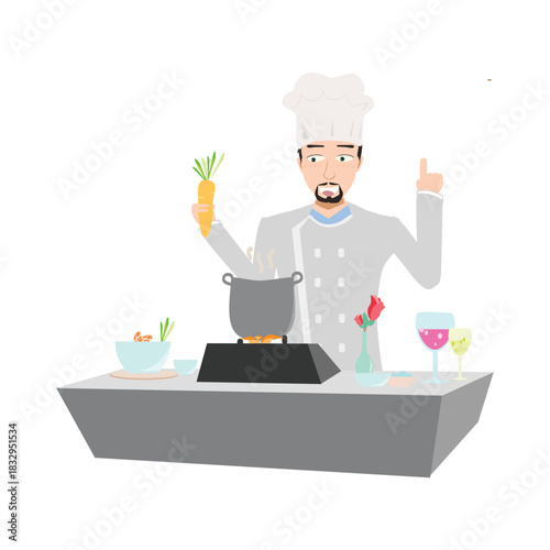 Chef holding a fresh carrot and pointing up, having a recipe idea