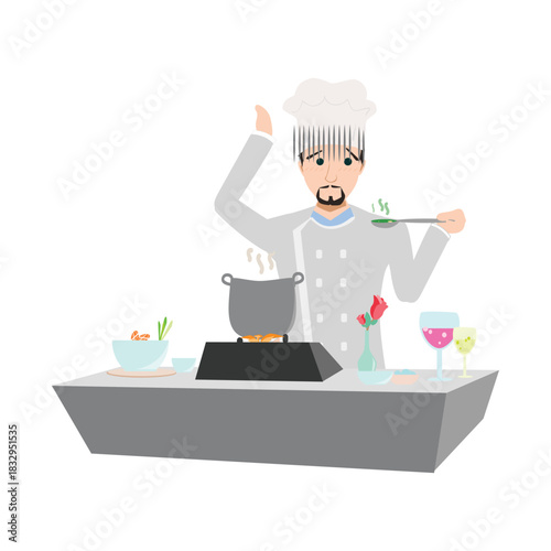 Chef in uniform smelling the delicious aroma of food cooking in a pot