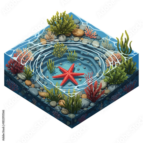 Isometric view of an underwater scene with a starfish in the center.