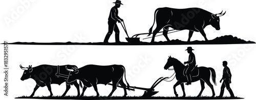 Black silhouette vector illustration set showing traditional farmer ploughing field with ox and horse drawn animals on white background design art.Black 
