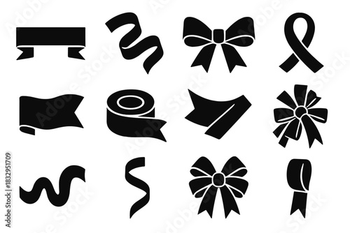 Brutalist Ribbon Icons. Ribbon Styles Set silhouette icon set: satin ribbon, curled ribbon, bow knot, looped strip, folded end, ribbon roll, diagonal cut, tied bundle, wavy strand